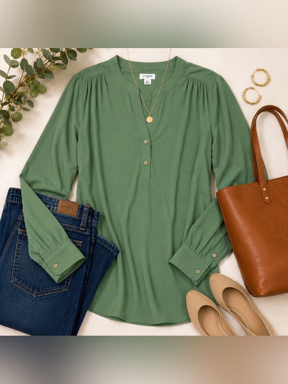 J. Crew Sage Green Popover Blouse XL NWT Lightweight Long Sleeve Top